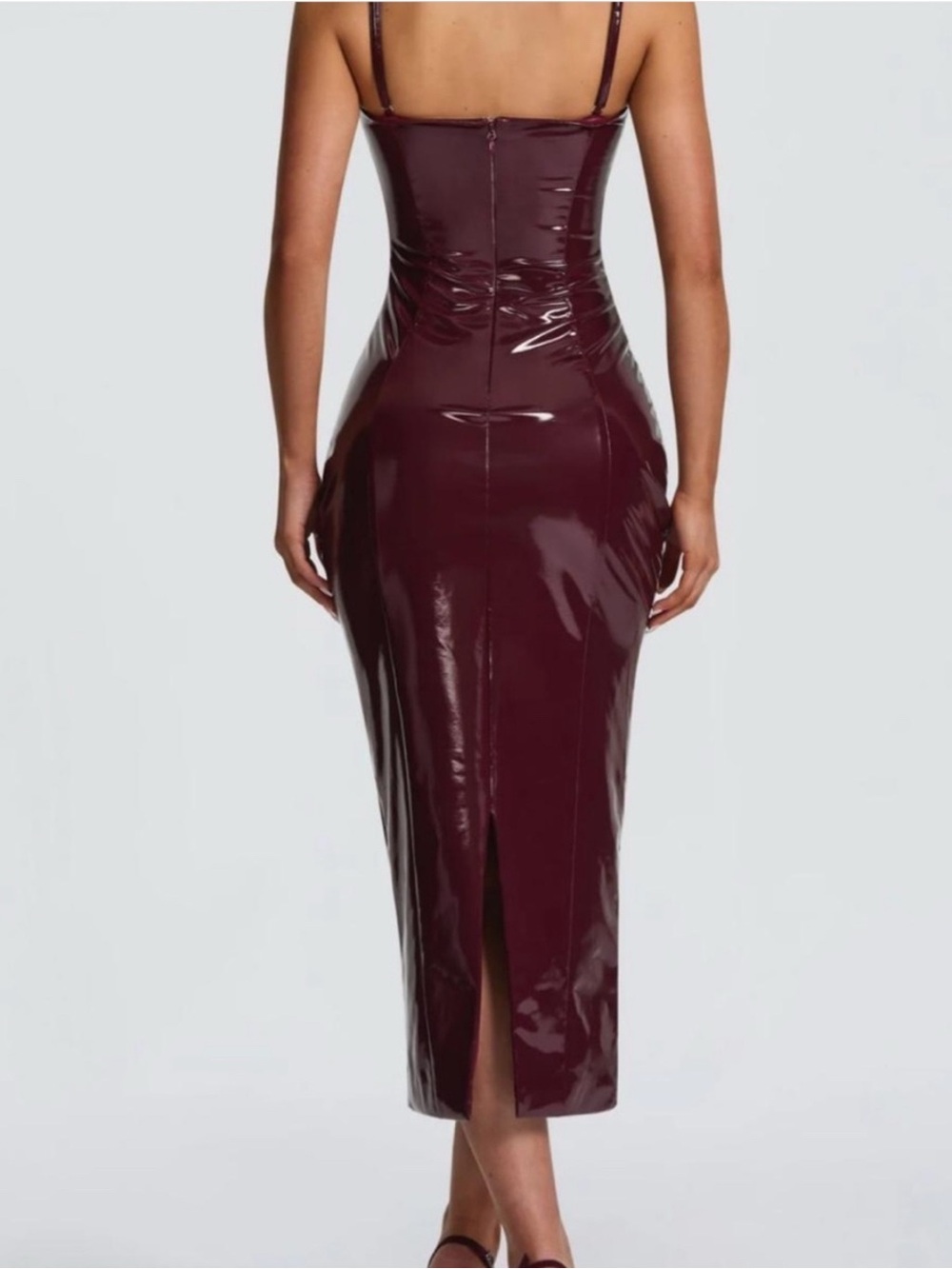 Burgundy Strapless Glossy Midi Dress with Spaghetti Straps - Picture 3 of 7